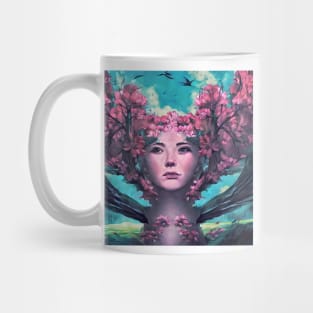 Beautiful portrait of pretty young woman face with flowers in spring Mug